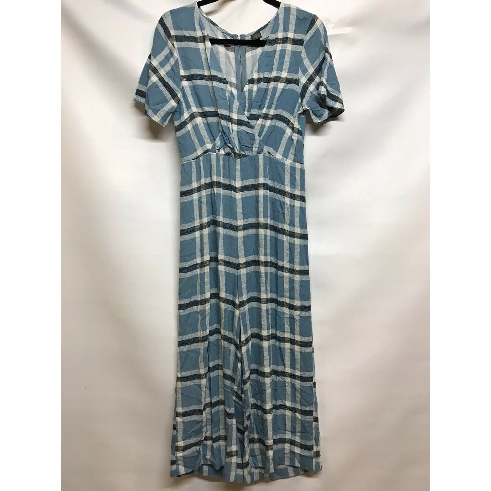 Women's Jumpsuit  Medium Short Sleeve V Neck zipper  blue pants green plaid